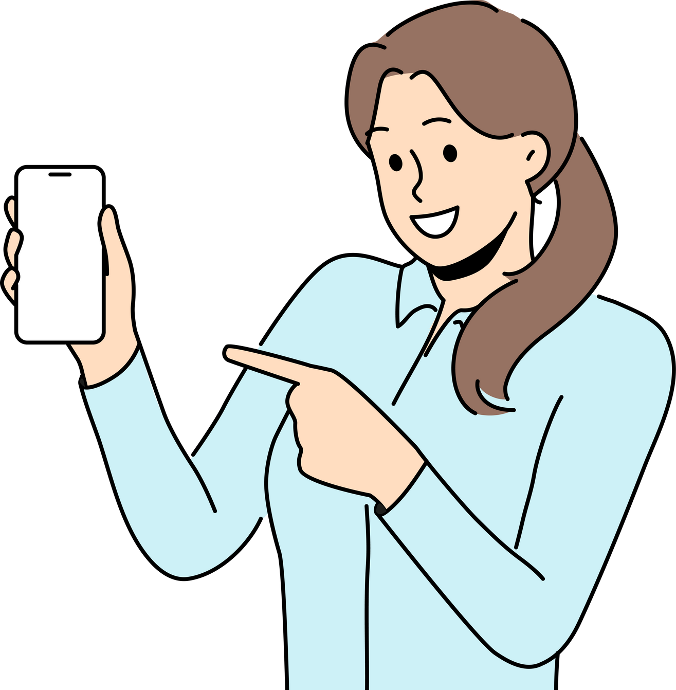 Smiling woman point at cellphone mockup screen